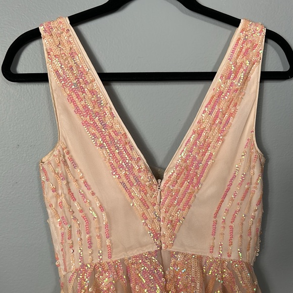 Bebe coral pink sequin double v neck flare sequin mesh top mini dress size XS - Picture 4 of 11